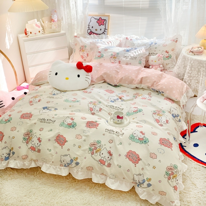 91家纺网 家纺一手货源 找家纺 朵希曼 2026新款全棉花边Kitty系列四件套 花边款-甜心凯蒂