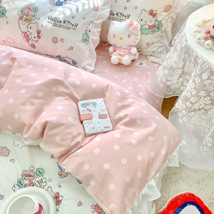 91家纺网 家纺一手货源 找家纺 朵希曼 2026新款全棉花边Kitty系列四件套 花边款-甜心凯蒂
