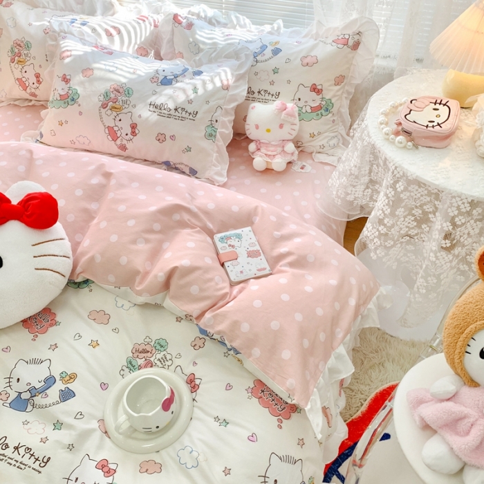 91家纺网 家纺一手货源 找家纺 朵希曼 2026新款全棉花边Kitty系列四件套 花边款-甜心凯蒂