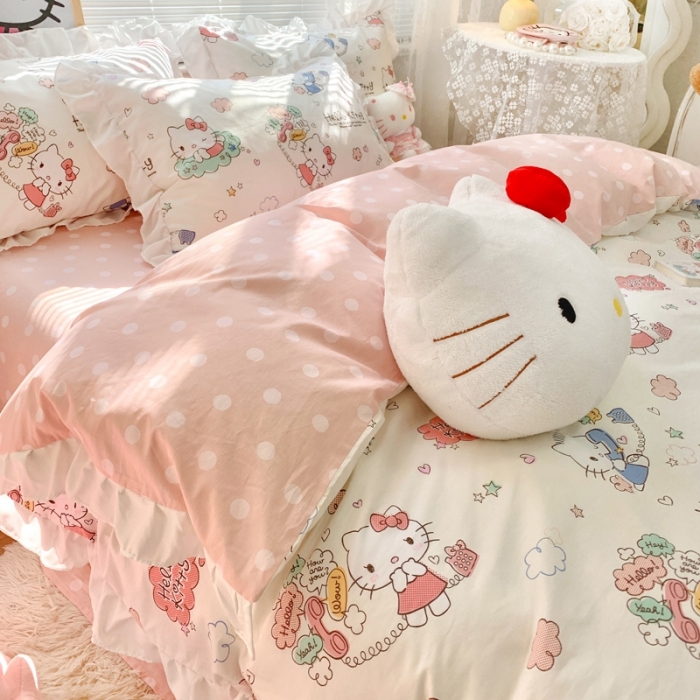 91家纺网 家纺一手货源 找家纺 朵希曼 2026新款全棉花边Kitty系列四件套 花边款-甜心凯蒂