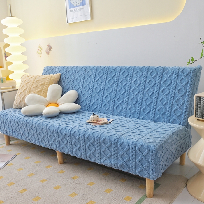 91家纺网 家纺一手货源 找家纺 启博家纺 2023新款简约提花绒无扶手沙发套 天蓝