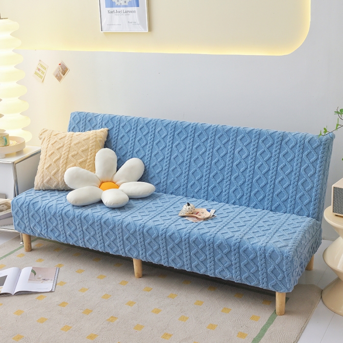 91家纺网 家纺一手货源 找家纺 启博家纺 2023新款简约提花绒无扶手沙发套 天蓝