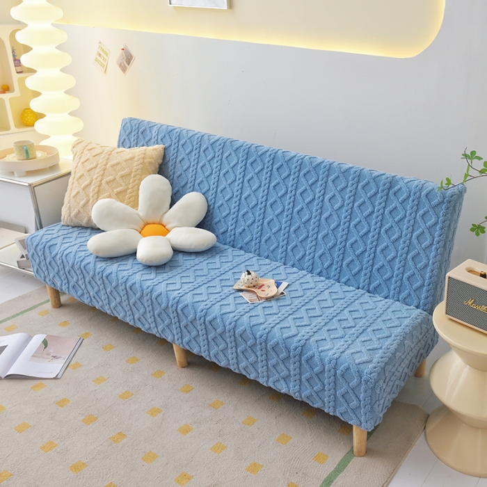 91家纺网 家纺一手货源 找家纺 启博家纺 2023新款简约提花绒无扶手沙发套 天蓝