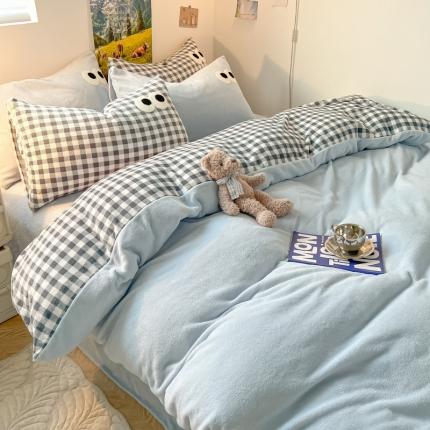 91家纺网 家纺一手货源 找家纺 韩都家居 2023新款加厚牛奶绒拼色四件套 大眼-蓝格