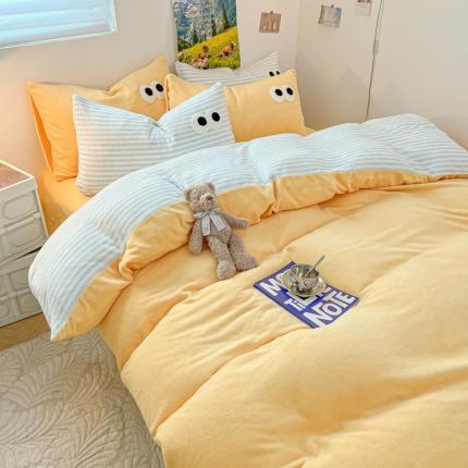 91家纺网 家纺一手货源 找家纺 韩都家居 2023新款加厚牛奶绒拼色四件套 大眼-蓝条