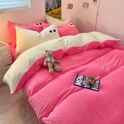 91家纺网 家纺一手货源 找家纺 韩都家居 2023新款加厚牛奶绒拼色四件套 大眼-玫红