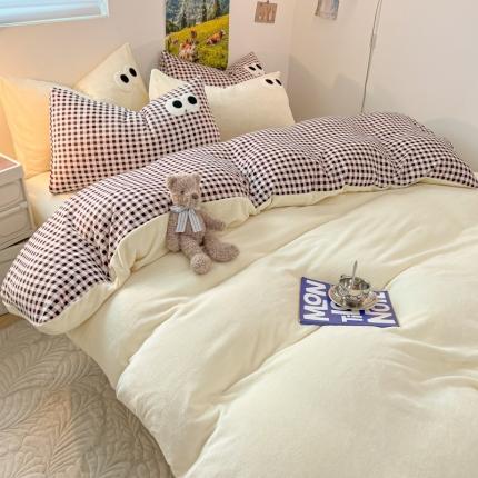 韩都家居 2023新款加厚牛奶绒拼色四件套 大眼-小黑格