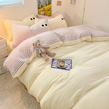 韩都家居 2023新款加厚牛奶绒拼色四件套 大眼-紫条