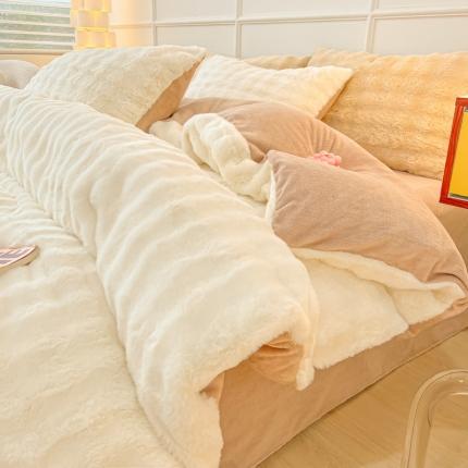 91家纺网 家纺一手货源 找家纺 韩都家居 2023新款泡泡兔绒牛奶绒四件套 泡泡兔绒-白+咖