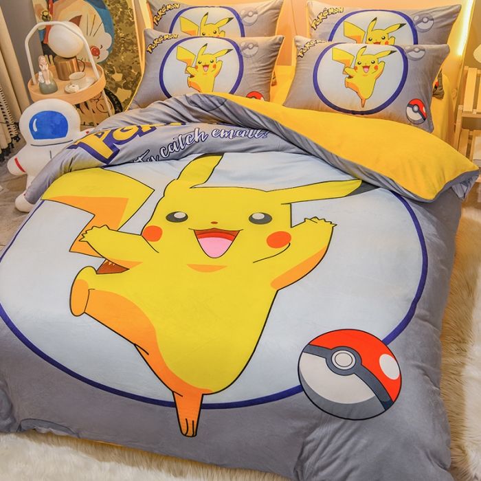 91家纺网 家纺一手货源 找家纺 ds生活馆2025新款大版卡通水晶牛奶珊瑚绒单被套三四件套 宝可梦