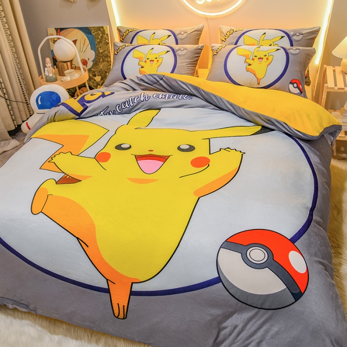 91家纺网 家纺一手货源 找家纺 ds生活馆2025新款大版卡通水晶牛奶珊瑚绒单被套三四件套 宝可梦