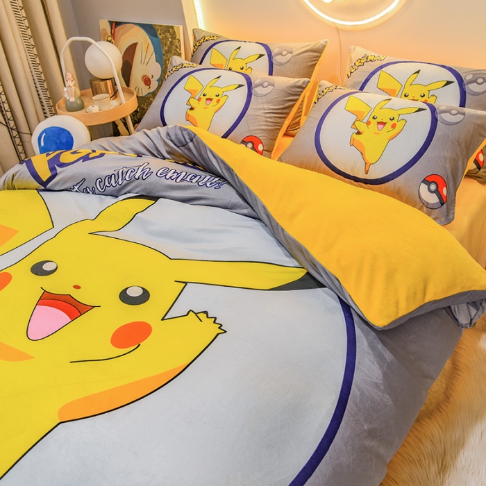 91家纺网 家纺一手货源 找家纺 ds生活馆2025新款大版卡通水晶牛奶珊瑚绒单被套三四件套 宝可梦