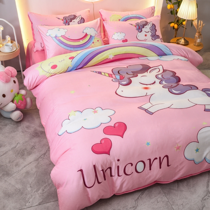 91家纺网 家纺一手货源 找家纺 ds生活馆2025新款大版卡通水晶牛奶珊瑚绒单被套三四件套 彩虹小马