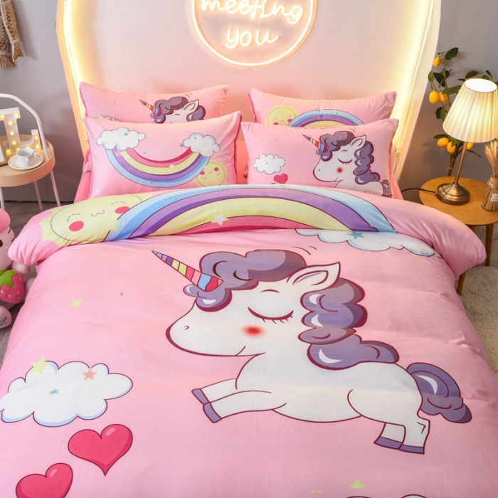 91家纺网 家纺一手货源 找家纺 ds生活馆2025新款大版卡通水晶牛奶珊瑚绒单被套三四件套 彩虹小马