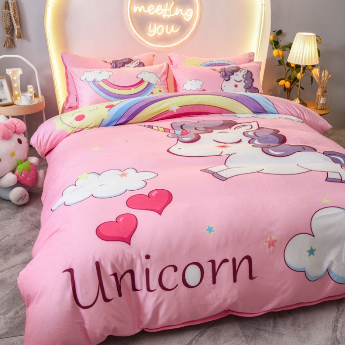 91家纺网 家纺一手货源 找家纺 ds生活馆2025新款大版卡通水晶牛奶珊瑚绒单被套三四件套 彩虹小马