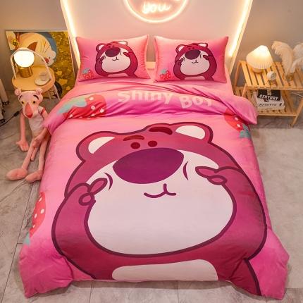 ds生活馆2025新款大版卡通水晶牛奶珊瑚绒单被套三四件套 草莓熊