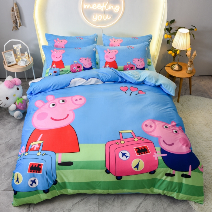 91家纺网 家纺一手货源 找家纺 ds生活馆2025新款大版卡通水晶牛奶珊瑚绒单被套三四件套 旅行佩奇