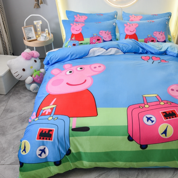 91家纺网 家纺一手货源 找家纺 ds生活馆2025新款大版卡通水晶牛奶珊瑚绒单被套三四件套 旅行佩奇