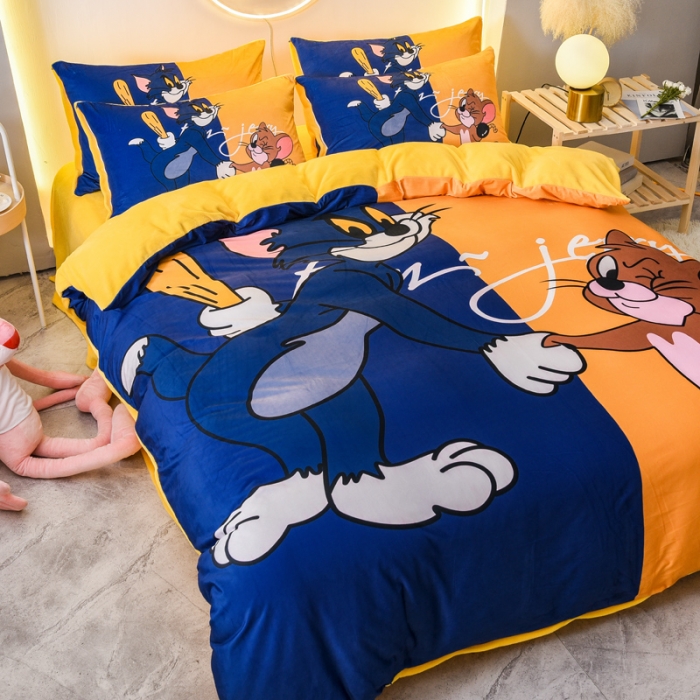 91家纺网 家纺一手货源 找家纺 ds生活馆2025新款大版卡通水晶牛奶珊瑚绒单被套三四件套 猫和老鼠