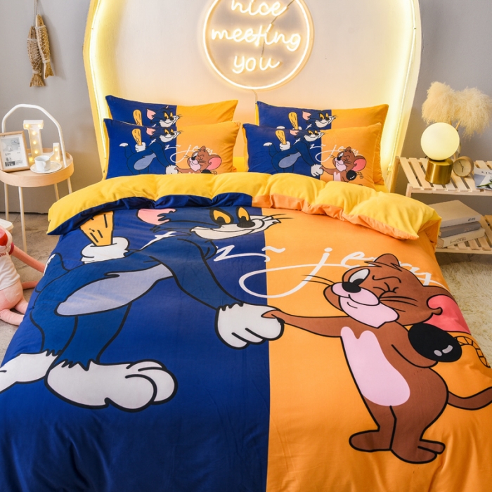 91家纺网 家纺一手货源 找家纺 ds生活馆2025新款大版卡通水晶牛奶珊瑚绒单被套三四件套 猫和老鼠