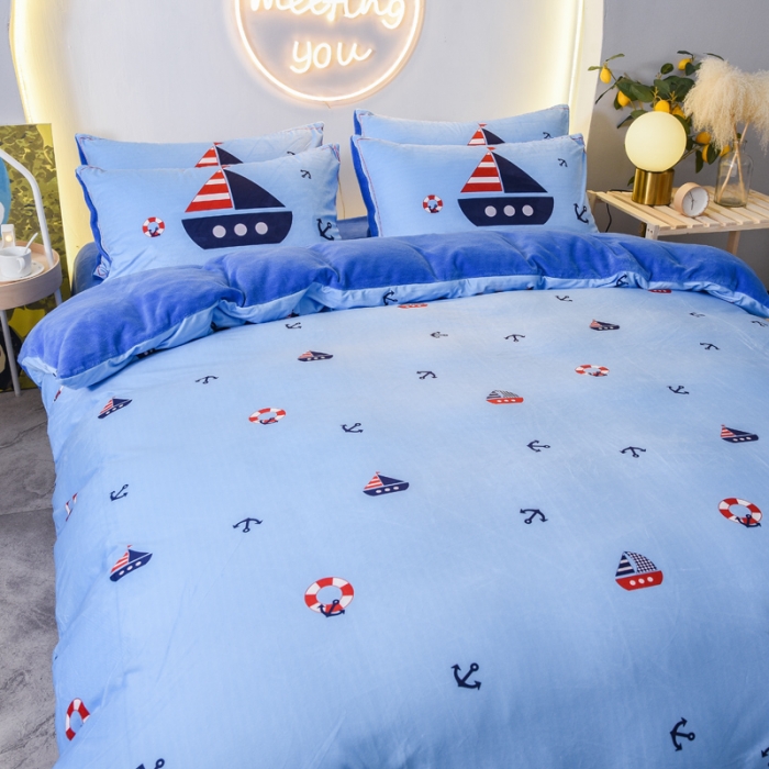 91家纺网 家纺一手货源 找家纺 ds生活馆2025新款大版卡通水晶牛奶珊瑚绒单被套三四件套 小帆船