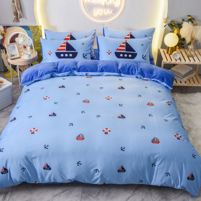 91家纺网 家纺一手货源 找家纺 ds生活馆2025新款大版卡通水晶牛奶珊瑚绒单被套三四件套 小帆船