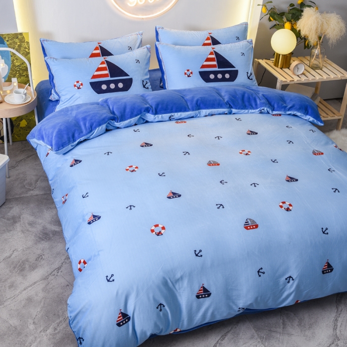 91家纺网 家纺一手货源 找家纺 ds生活馆2025新款大版卡通水晶牛奶珊瑚绒单被套三四件套 小帆船