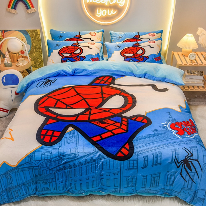 91家纺网 家纺一手货源 找家纺 ds生活馆2025新款大版卡通水晶牛奶珊瑚绒单被套三四件套 蜘蛛人