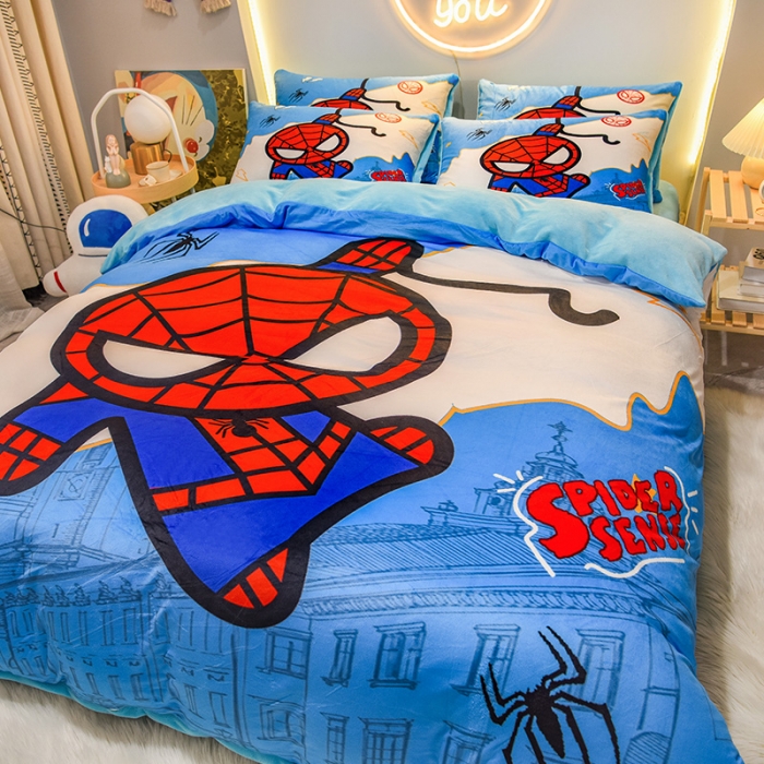 91家纺网 家纺一手货源 找家纺 ds生活馆2025新款大版卡通水晶牛奶珊瑚绒单被套三四件套 蜘蛛人