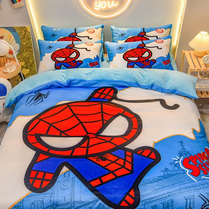 91家纺网 家纺一手货源 找家纺 ds生活馆2025新款大版卡通水晶牛奶珊瑚绒单被套三四件套 蜘蛛人