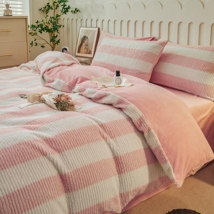 91家纺网 家纺一手货源 找家纺 2023新款A类320克高克重ins无印兔毛绒麦穗辫子工艺牛奶绒四件套 绒兔毛麦穗辫子-粉白条