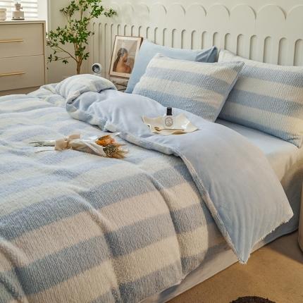 91家纺网 家纺一手货源 找家纺 2023新款A类320克高克重ins无印兔毛绒麦穗辫子工艺牛奶绒四件套 绒兔毛麦穗辫子-蓝白条