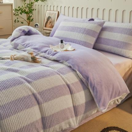 91家纺网 家纺一手货源 找家纺 2023新款A类320克高克重ins无印兔毛绒麦穗辫子工艺牛奶绒四件套 绒兔毛麦穗辫子-紫白条