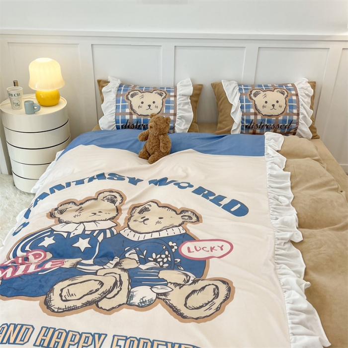 91家纺网 家纺一手货源 找家纺 昔可家纺 2023新款花边数码宝宝绒四件套 冬日熊宝