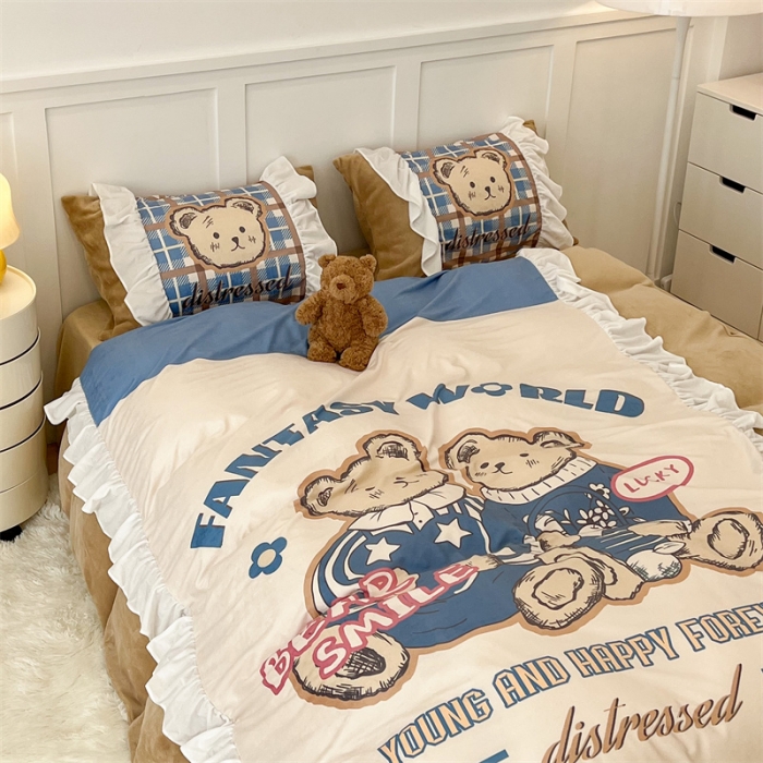 91家纺网 家纺一手货源 找家纺 昔可家纺 2023新款花边数码宝宝绒四件套 冬日熊宝