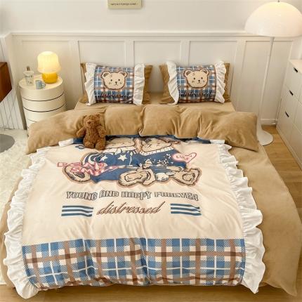 昔可家纺 2023新款花边数码宝宝绒四件套 冬日熊宝