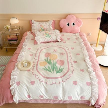 昔可家纺 2023新款花边数码宝宝绒四件套 粉爱心郁金香