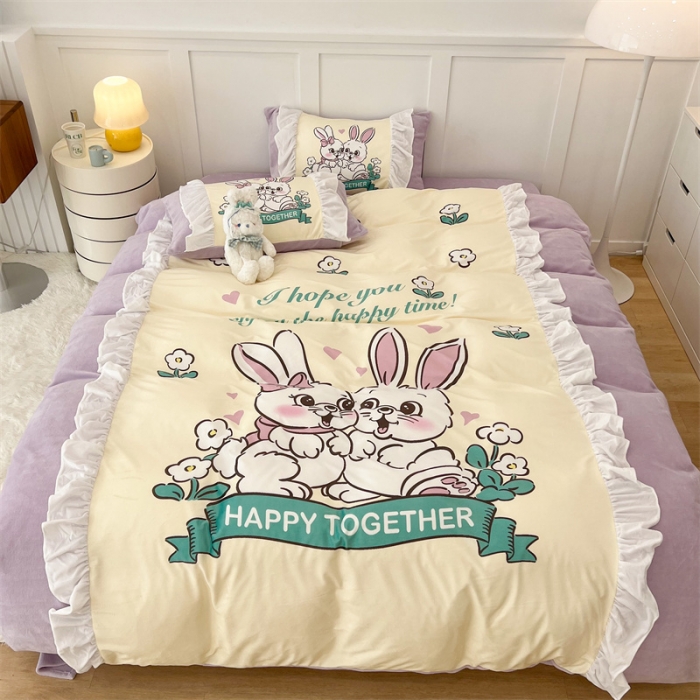 91家纺网 家纺一手货源 找家纺 昔可家纺 2023新款花边数码宝宝绒四件套 萌萌兔兔