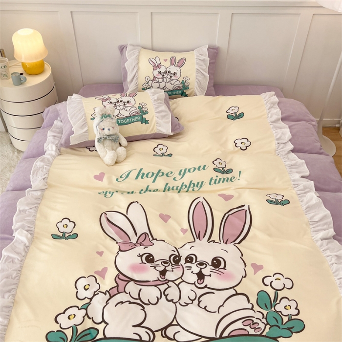 91家纺网 家纺一手货源 找家纺 昔可家纺 2023新款花边数码宝宝绒四件套 萌萌兔兔