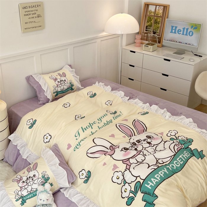 91家纺网 家纺一手货源 找家纺 昔可家纺 2023新款花边数码宝宝绒四件套 萌萌兔兔