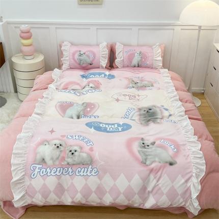 昔可家纺 2023新款花边数码宝宝绒四件套 蜜桃粉猫
