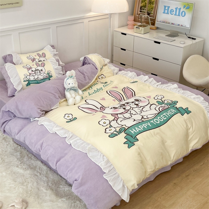 91家纺网 家纺一手货源 找家纺 昔可家纺 2023新款花边数码宝宝绒四件套 萌萌兔兔