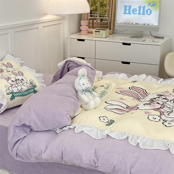 91家纺网 家纺一手货源 找家纺 昔可家纺 2023新款花边数码宝宝绒四件套 萌萌兔兔