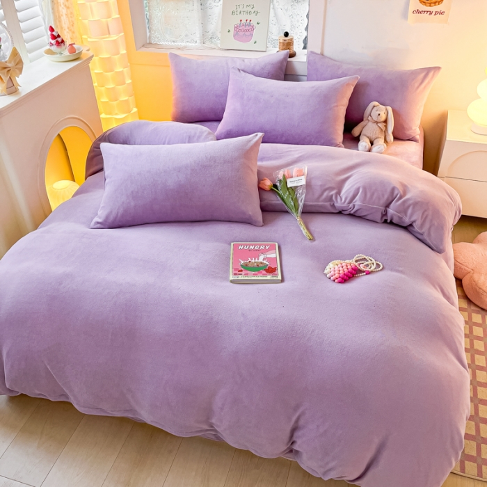 91家纺网 家纺一手货源 找家纺 慕澄家纺 2023新款简约牛奶绒加厚保暖四件套-纯爱 纯爱-烟紫