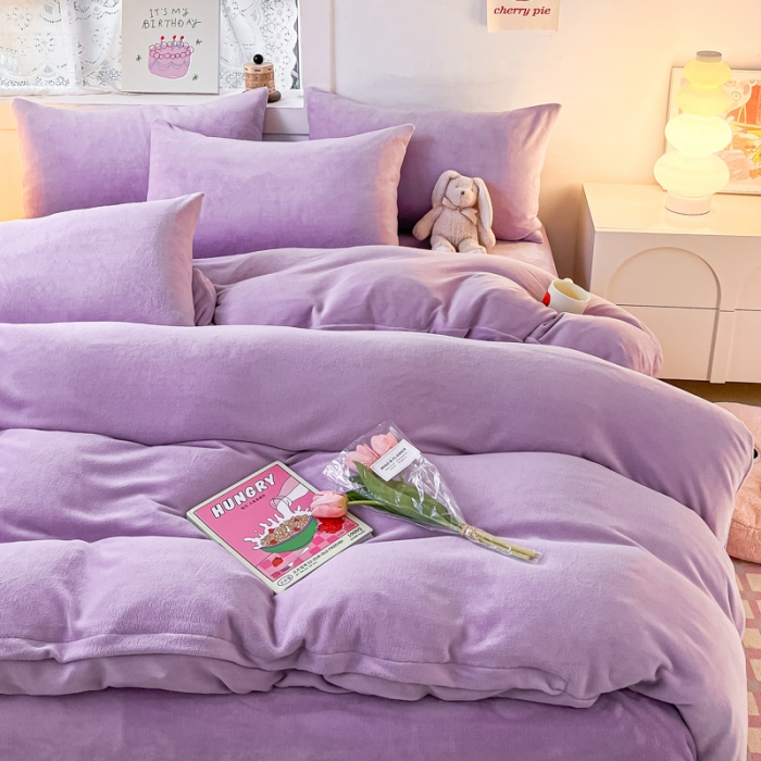 91家纺网 家纺一手货源 找家纺 慕澄家纺 2023新款简约牛奶绒加厚保暖四件套-纯爱 纯爱-烟紫