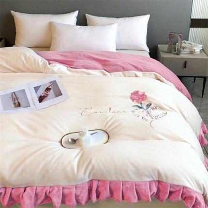 牛奶绒韩版花边刺绣被套法兰绒宝宝绒兔绒单被套 暖白-嫩黄+浅粉