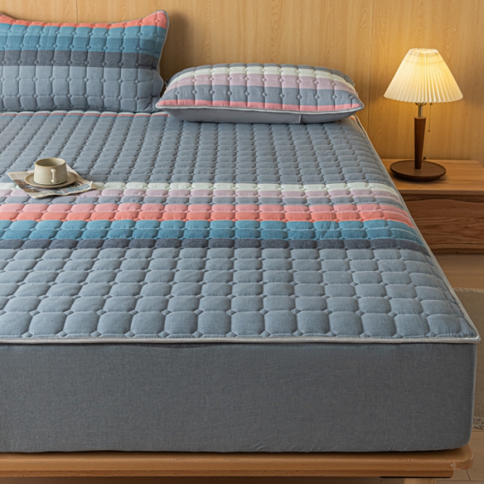 91家纺网 家纺一手货源 找家纺 卡伦 2025新款A类纯棉水洗棉夹棉床笠 彩虹条