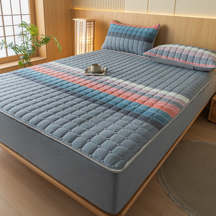 91家纺网 家纺一手货源 找家纺 卡伦 2025新款A类纯棉水洗棉夹棉床笠 彩虹条