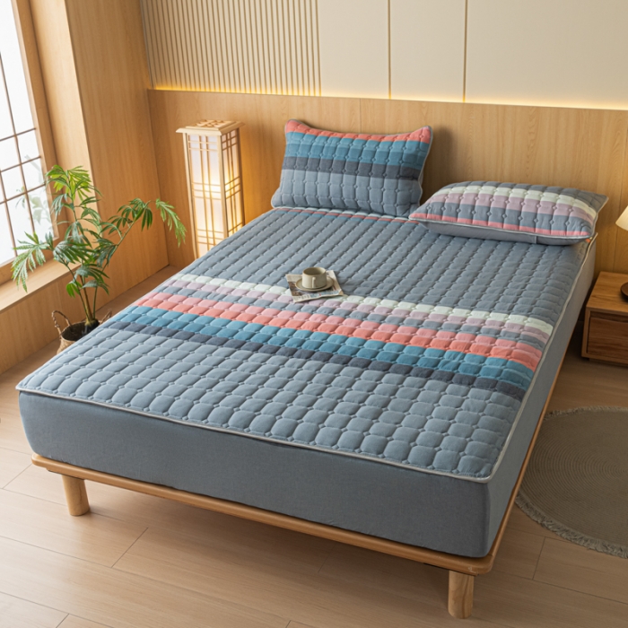 91家纺网 家纺一手货源 找家纺 卡伦 2025新款A类纯棉水洗棉夹棉床笠 彩虹条