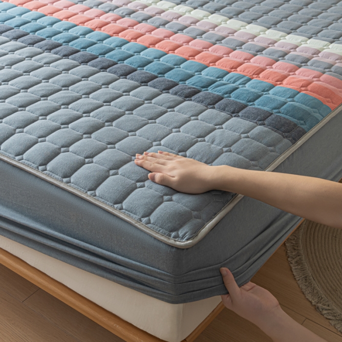 91家纺网 家纺一手货源 找家纺 卡伦 2025新款A类纯棉水洗棉夹棉床笠 彩虹条